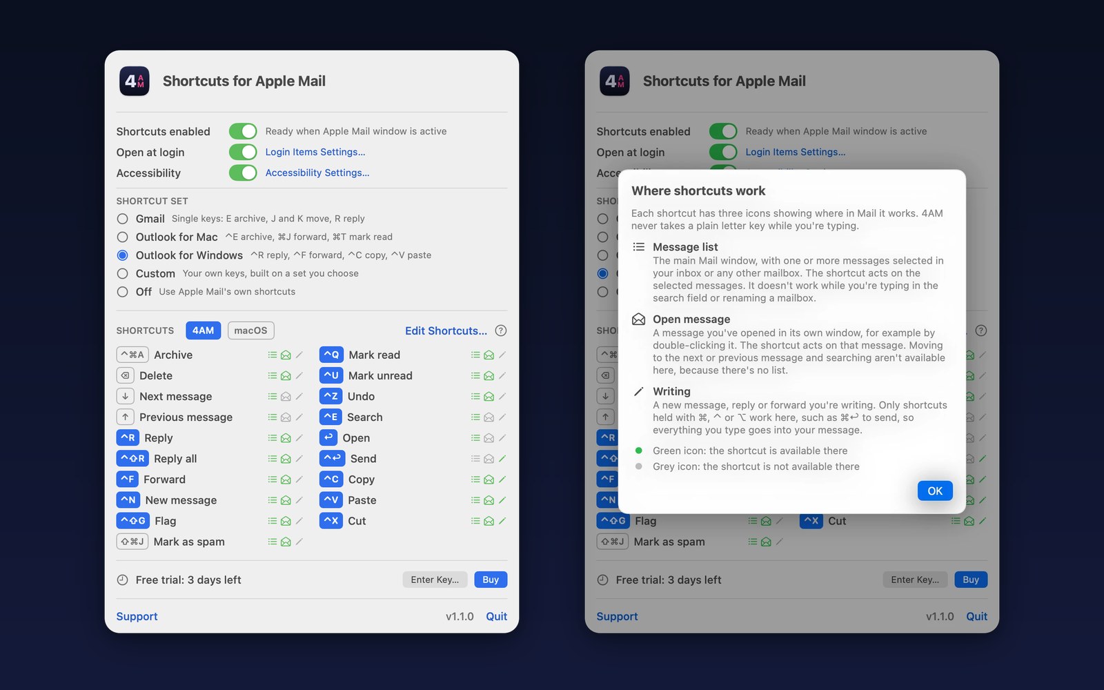 The 4AM menu bar panel showing the Gmail, Outlook for Mac, Outlook for Windows and custom shortcut sets, beside its guide to where shortcuts work in Apple Mail