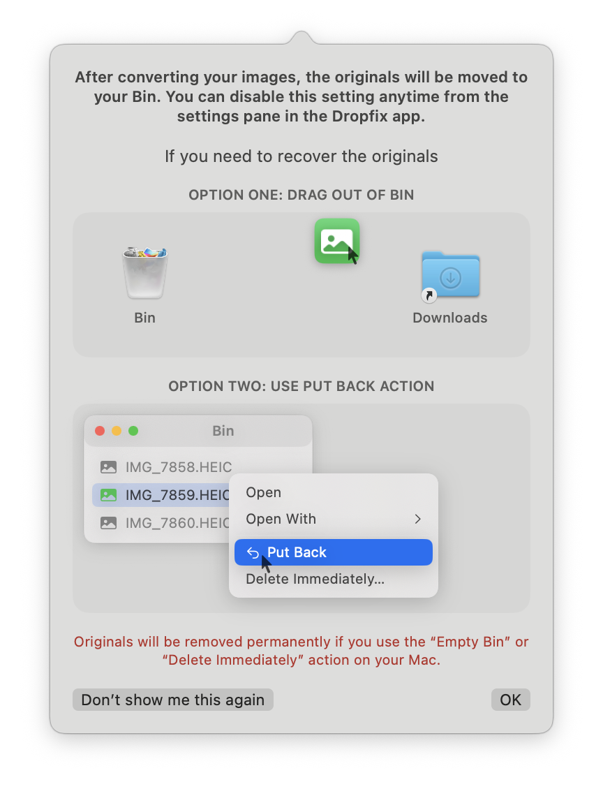 The explainer showing two ways to recover originals from the Bin: drag them out, or right-click and Put Back