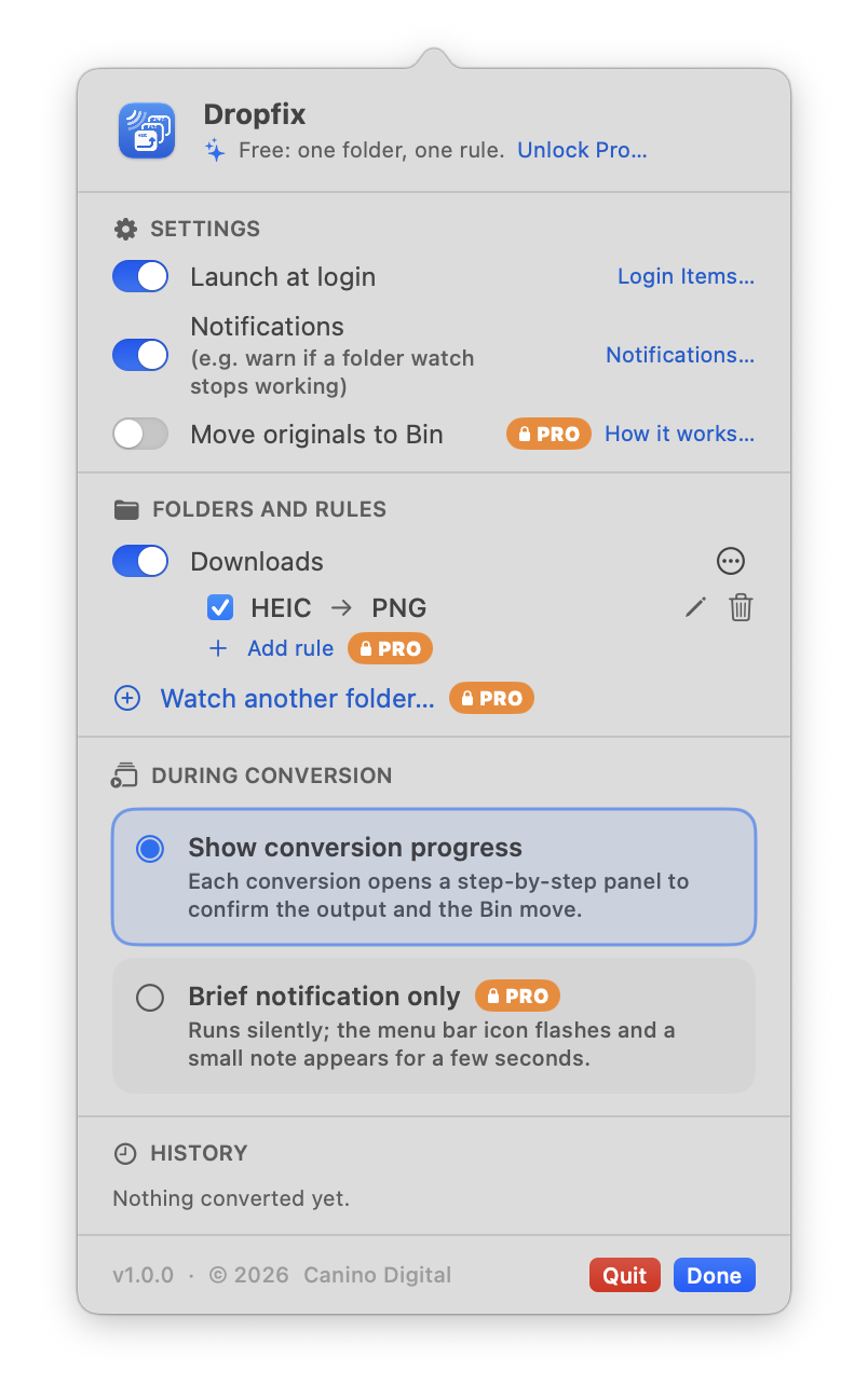 The Dropfix menu: settings, a watched Downloads folder with a HEIC to PNG rule, and the During conversion options
