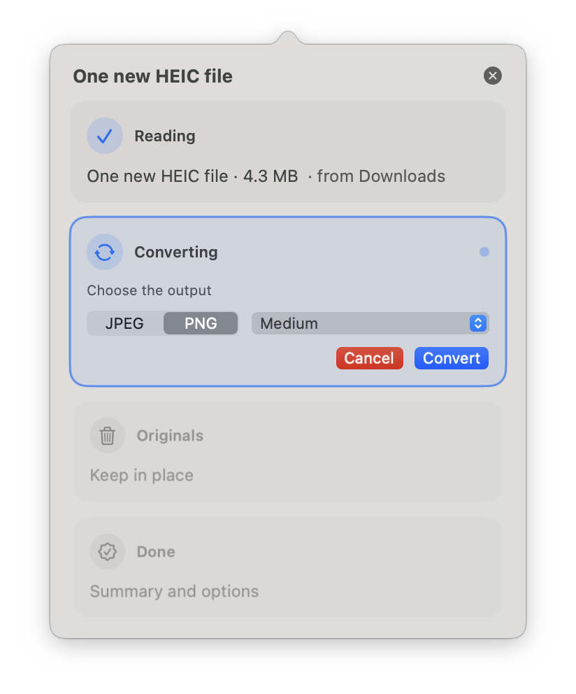The step-by-step conversion panel with Reading, Converting, Originals and Done stages, choosing PNG at Medium quality